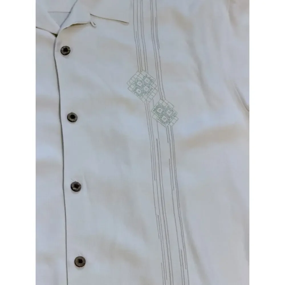 TOMMY BAHAMA Shirt Mens L Button Up Short Sleeve Cream 100% Silk Textured EUC